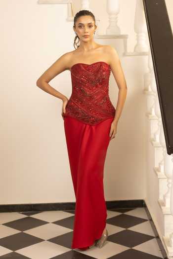Buy_Label Astha Chhabra_Red Satin, Net Sequins, Beads Sweetheart Tonal Embellished Corset And Skirt Set _Online_at_Aza_Fashions