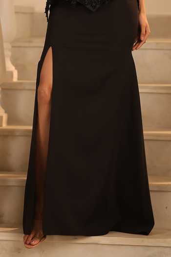 Label Astha Chhabra_Black Crepe, Net Embroidery, Sequins, Beads Tonal Embellished Corset And Skirt Set _Online_at_Aza_Fashions