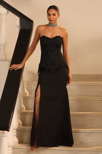 Buy_Label Astha Chhabra_Black Crepe, Net Embroidery, Sequins, Beads Tonal Embellished Corset And Skirt Set _at_Aza_Fashions