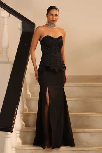 Buy_Label Astha Chhabra_Black Crepe, Net Embroidery, Sequins, Beads Tonal Embellished Corset And Skirt Set _Online_at_Aza_Fashions