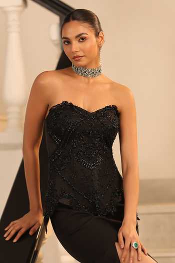 Shop_Label Astha Chhabra_Black Crepe, Net Embroidery, Sequins, Beads Tonal Embellished Corset And Skirt Set _Online_at_Aza_Fashions