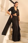Label Astha Chhabra_Black Net, Satin Fringe, Sequins Tonal Embellished Jacket And Pre-draped Saree Set _Online_at_Aza_Fashions