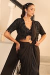 Buy_Label Astha Chhabra_Black Net, Satin Fringe, Sequins Tonal Embellished Jacket And Pre-draped Saree Set _Online_at_Aza_Fashions