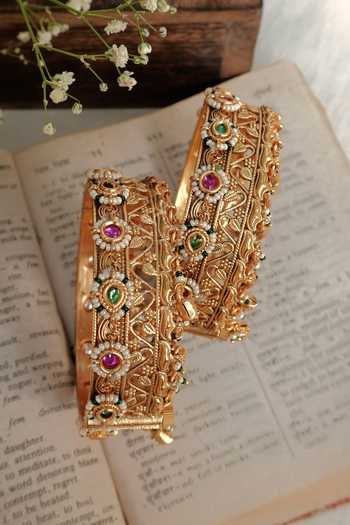 Shop_Prestones_Multi Color Beads, Stones Antique Temple Carved Bangles - Set Of 2 _at_Aza_Fashions