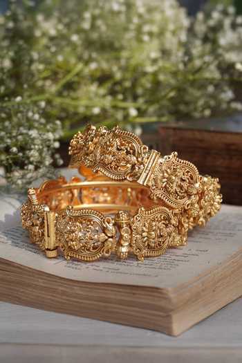 Shop_Prestones_Gold Plated Temple Carved Bangles - Set Of 2 _at_Aza_Fashions