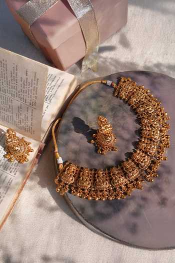 Shop_Prestones_Gold Plated Beads Temple Carved Necklace Set _at_Aza_Fashions