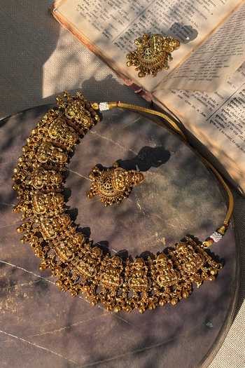 Prestones_Gold Plated Beads Temple Carved Necklace Set _Online_at_Aza_Fashions