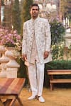 Buy_Seema Gujral_Beige Silk Embroidery Raw Sherwani Set _at_Aza_Fashions