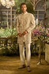 Buy_Seema Gujral_Beige Silk, Cotton Embroidery, Zari Raw Sherwani Set _at_Aza_Fashions