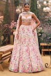 Buy_Seema Gujral_Peach Net Embroidery, Sequins, Beads Sweetheart Neck Floral Lehenga Set _at_Aza_Fashions