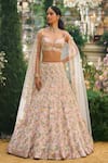 Buy_Seema Gujral_Peach Net Sequins, Beads, Stones Sweetheart Neck Floret Work Lehenga Set _at_Aza_Fashions