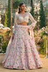 Buy_Seema Gujral_Peach Net Sequins, Pearls Sweetheart Neck Flower Cluster Work Lehenga Set _at_Aza_Fashions