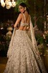 Seema Gujral_Grey Net Embroidery, Sequins, Pearls, Stones Floral Cluster Work Lehenga Set _Online_at_Aza_Fashions