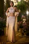 Buy_Seema Gujral_Peach Net Sequins, Beads, Pearls Halter Neck Geometric Embellished Lehenga Set _at_Aza_Fashions