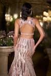 Seema Gujral_Rose Gold Net Sequins V-neck Embellished Skirt And Blouse Set _Online_at_Aza_Fashions