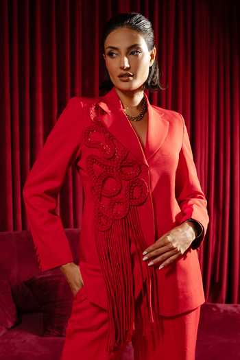 Vidhi Wadhwani_Red Crepe Sequins, Cut Work, Applique, Fringe V-neck Braided Jacket And Pant Set _Online_at_Aza_Fashions