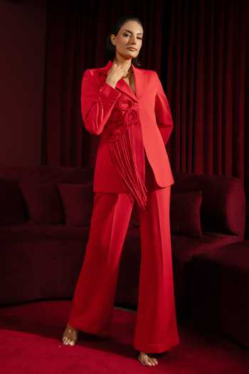 Shop_Vidhi Wadhwani_Red Crepe Sequins, Cut Work, Applique, Fringe V-neck Braided Jacket And Pant Set _Online_at_Aza_Fashions
