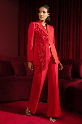 Shop_Vidhi Wadhwani_Red Crepe Sequins, Cut Work, Applique, Fringe V-neck Braided Jacket And Pant Set _at_Aza_Fashions