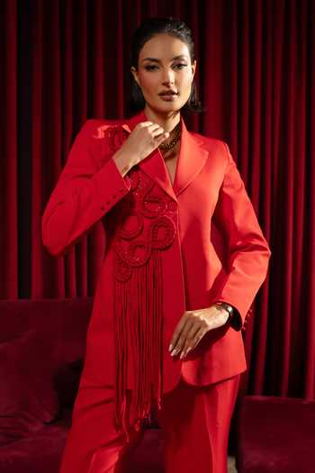 Vidhi Wadhwani_Red Crepe Sequins, Cut Work, Applique, Fringe V-neck Braided Jacket And Pant Set _at_Aza_Fashions