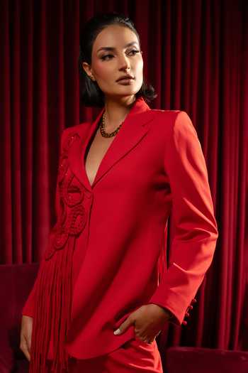 Buy_Vidhi Wadhwani_Red Crepe Sequins, Cut Work, Applique, Fringe V-neck Braided Jacket And Pant Set 