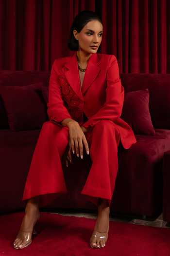 Shop_Vidhi Wadhwani_Red Crepe Sequins, Cut Work, Applique, Fringe V-neck Braided Jacket And Pant Set 