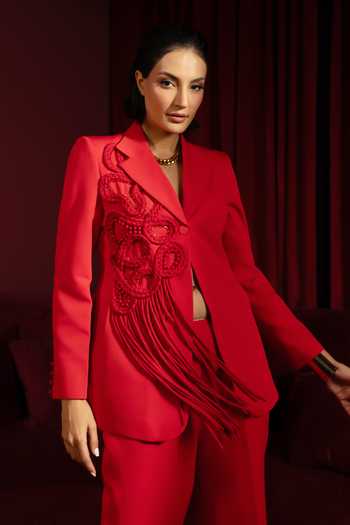Vidhi Wadhwani_Red Crepe Sequins, Cut Work, Applique, Fringe V-neck Braided Jacket And Pant Set _Online