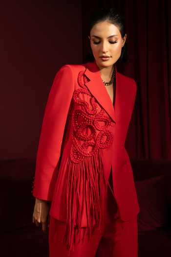 Buy_Vidhi Wadhwani_Red Crepe Sequins, Cut Work, Applique, Fringe V-neck Braided Jacket And Pant Set _Online