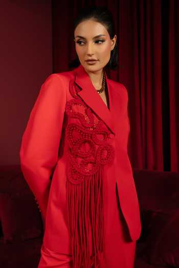 Shop_Vidhi Wadhwani_Red Crepe Sequins, Cut Work, Applique, Fringe V-neck Braided Jacket And Pant Set _Online