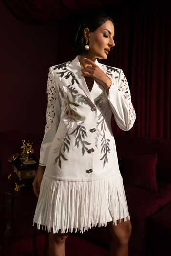 Shop_Vidhi Wadhwani_White Crepe Embroidery, Cut Work, Applique, Fringe Collared Mulan Blazer Dress _Online_at_Aza_Fashions