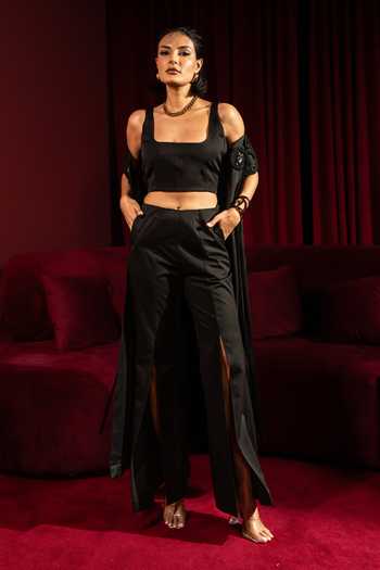 Buy_Vidhi Wadhwani_Black Crepe Applique Open Neck Liza Jacket And Pant Set _Online_at_Aza_Fashions