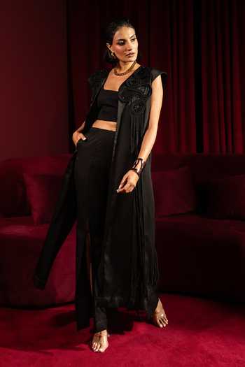 Shop_Vidhi Wadhwani_Black Crepe Applique Open Neck Liza Jacket And Pant Set _Online_at_Aza_Fashions