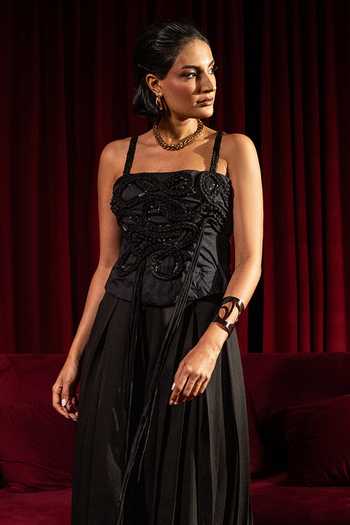 Vidhi Wadhwani_Black Crepe Embroidery Sweetheart Neck Sera Embellished Jumpsuit _Online_at_Aza_Fashions