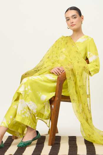 Dot_Green Silk, Cotton, Organza V-neck, Yes Bloom Print Kurta Set _at_Aza_Fashions