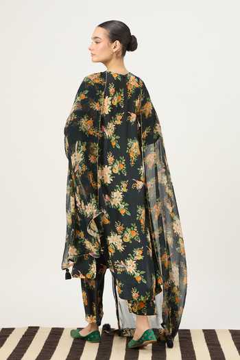 Shop_Dot_Black Silk, Chiffon High Neck, No Floral Print Kurta Set _at_Aza_Fashions