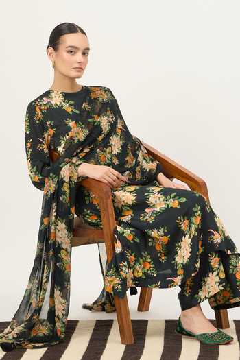 Shop_Dot_Black Silk, Chiffon High Neck, No Floral Print Kurta Set _Online_at_Aza_Fashions