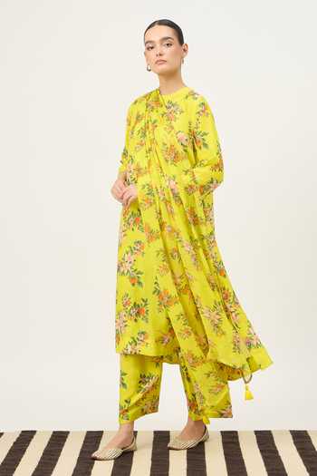 Buy_Dot_Green Silk, Chiffon Tassels Round Neck, Yes Printed Kurta Set _Online_at_Aza_Fashions