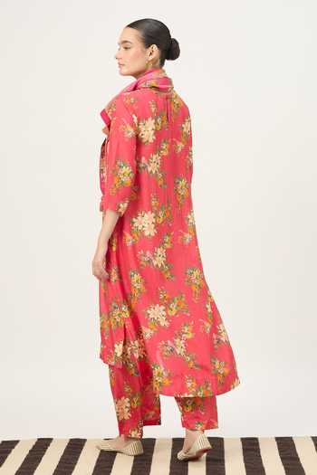 Shop_Dot_Red Silk Tassels Floral Print Kurta Set _at_Aza_Fashions