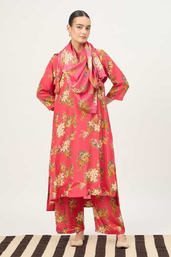 Buy_Dot_Red Silk Tassels Floral Print Kurta Set _at_Aza_Fashions