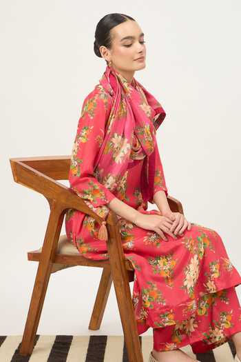 Buy_Dot_Red Silk Tassels Floral Print Kurta Set _Online_at_Aza_Fashions