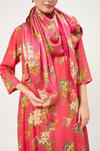 Shop_Dot_Red Silk Tassels Floral Print Kurta Set _Online_at_Aza_Fashions