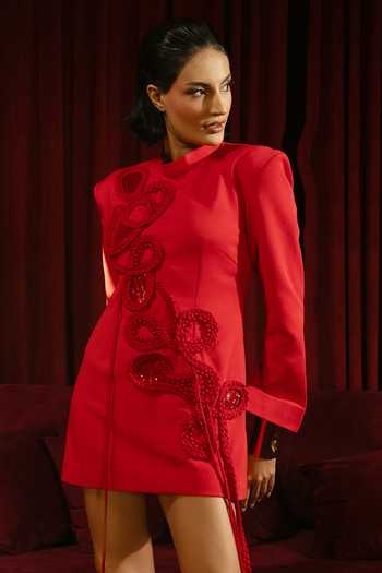 Vidhi Wadhwani_Red Crepe Fringe Round Neck Jiva Floral Pattern Dress _Online_at_Aza_Fashions