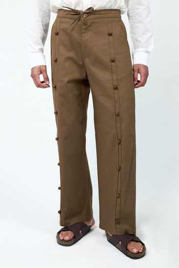 Shop_Triune_Brown Cotton Beads Wood Eching Lounge Pant _at_Aza_Fashions