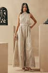 Buy_Twenty Nine_Beige Tissue Mirrors High Neck Jumpsuit _at_Aza_Fashions