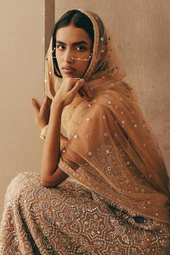 Buy_Twenty Nine_Peach Net Beads, Mirrors High Neck Maxi Dress _Online_at_Aza_Fashions