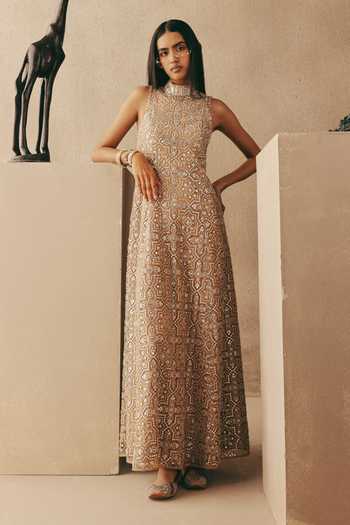 Buy_Twenty Nine_Peach Net Beads, Mirrors High Neck Maxi Dress _at_Aza_Fashions