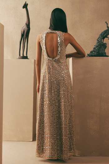 Shop_Twenty Nine_Peach Net Beads, Mirrors High Neck Maxi Dress _at_Aza_Fashions