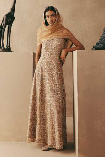 Shop_Twenty Nine_Peach Net Beads, Mirrors High Neck Maxi Dress _Online_at_Aza_Fashions