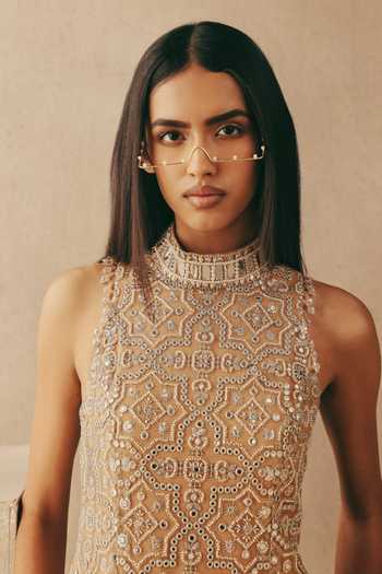 Twenty Nine_Peach Net Beads, Mirrors High Neck Maxi Dress _at_Aza_Fashions