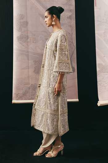 Twenty Nine_Beige Net Beads, Mirrors Round Neck Multi Panel Jacket _Online_at_Aza_Fashions