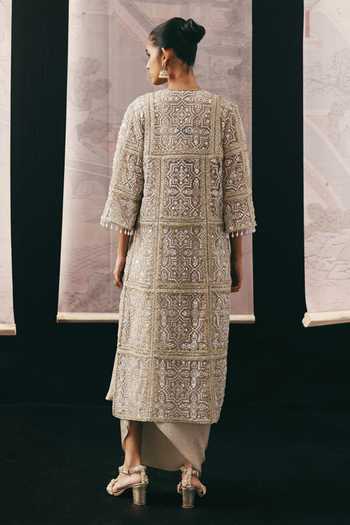 Shop_Twenty Nine_Beige Net Beads, Mirrors Round Neck Multi Panel Jacket _at_Aza_Fashions